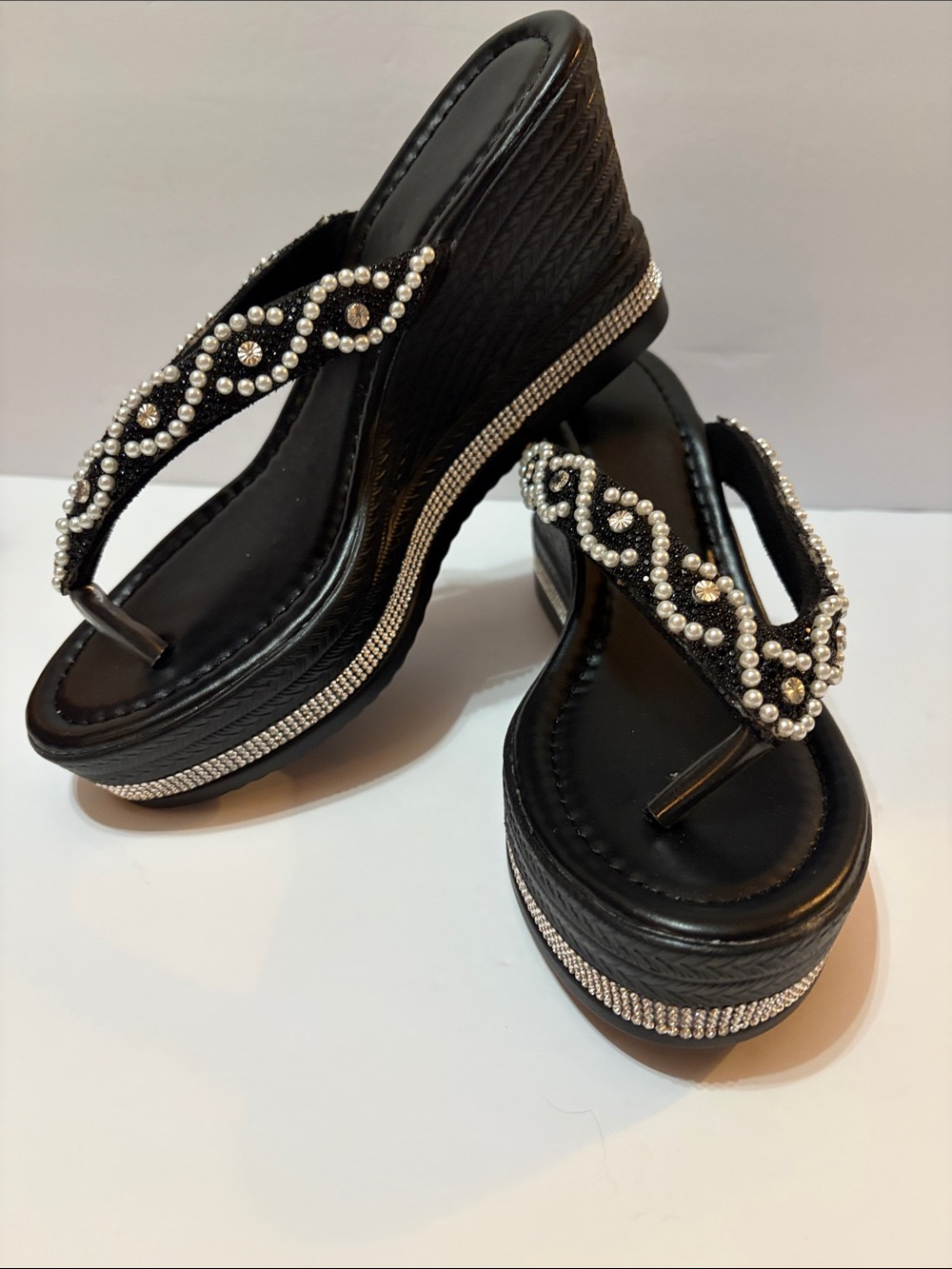 Brand New Black Pearl-Embellished Wedge Thong Sandals